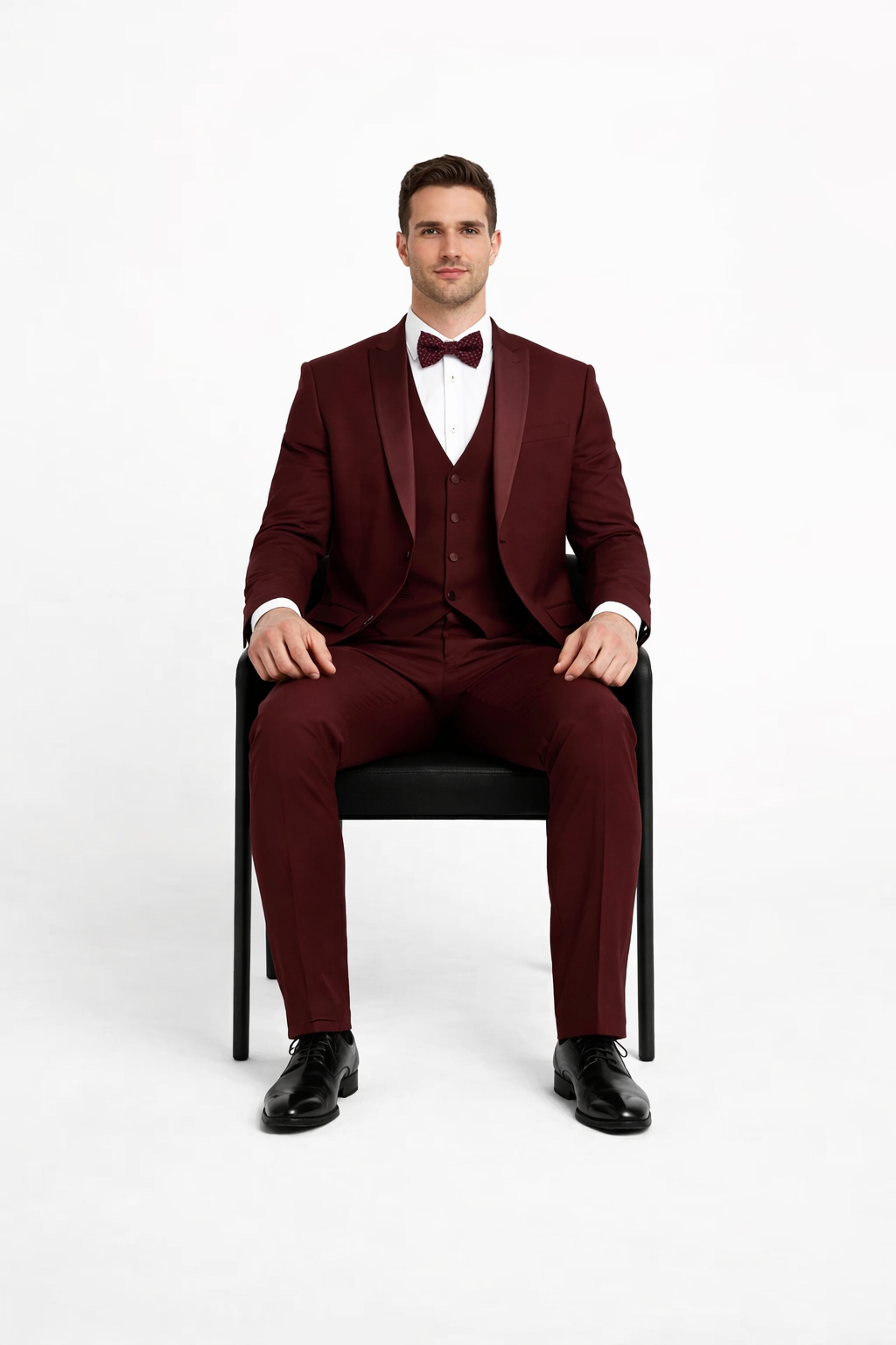 Mens One Button Satin Trim Shawl Tuxedo in Burgundy Wool