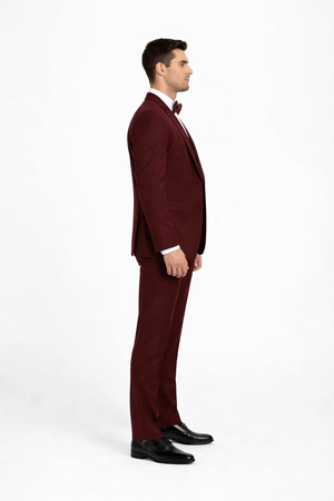 Mens One Button Satin Trim Shawl Tuxedo in Burgundy Wool