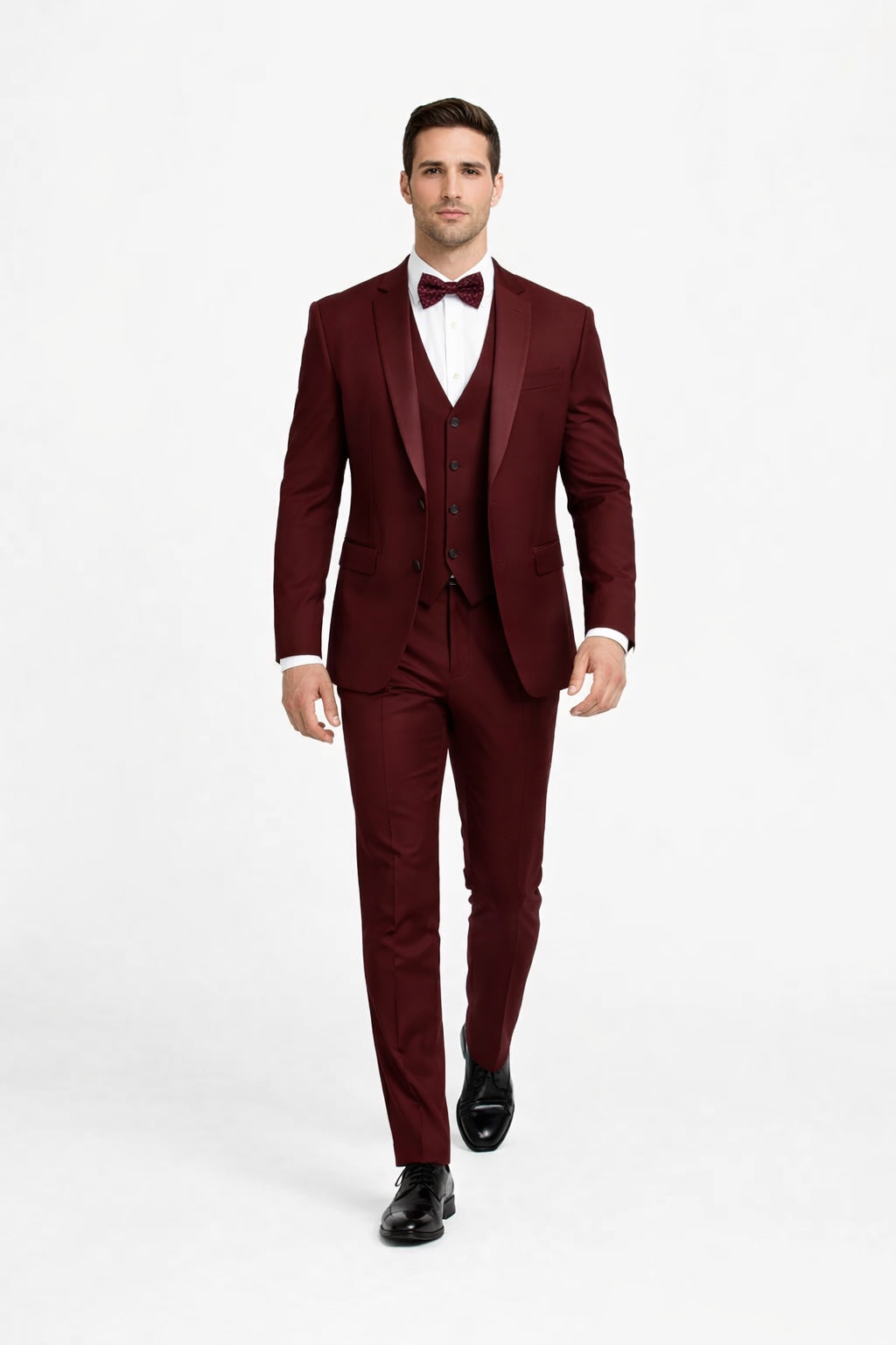 Mens One Button Satin Trim Shawl Tuxedo in Burgundy Wool
