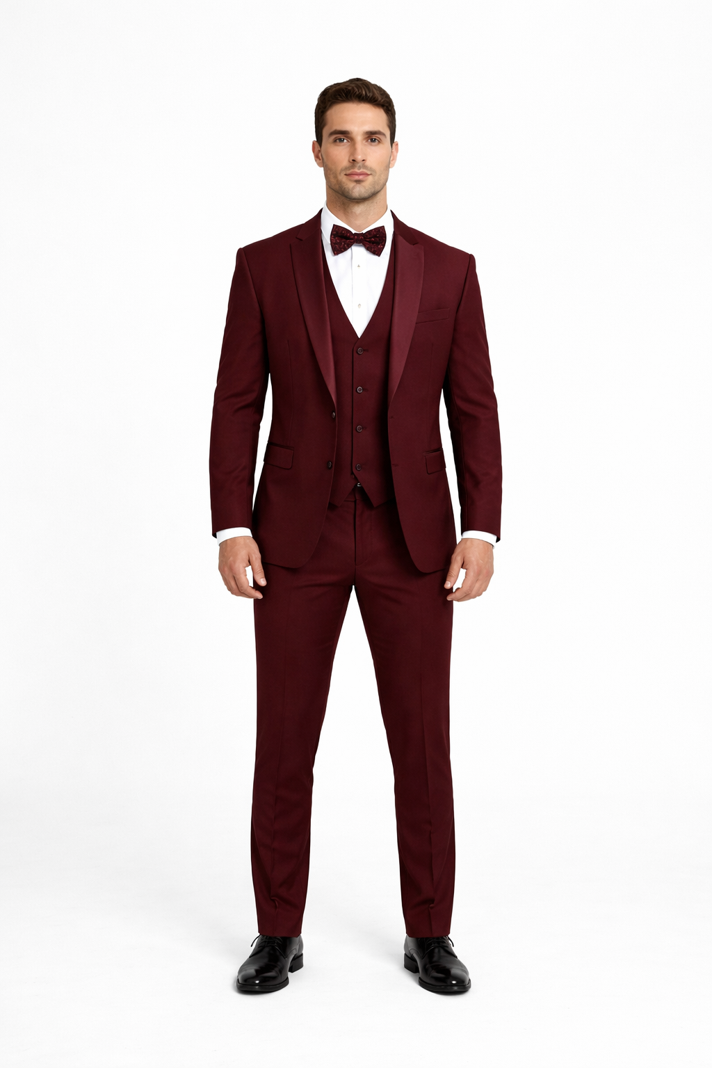 Mens One Button Satin Trim Shawl Tuxedo in Burgundy Wool