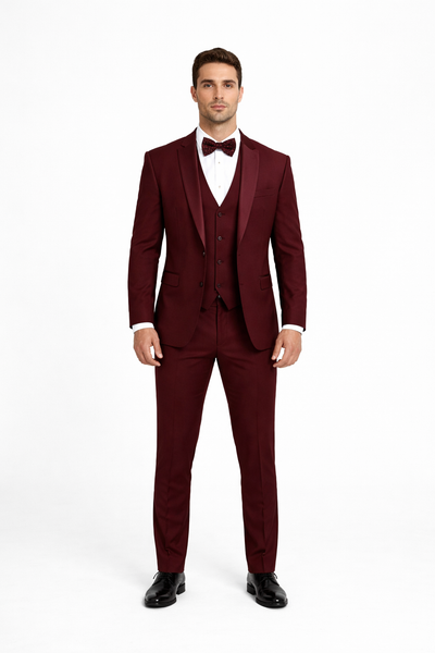 Mens One Button Satin Trim Shawl Tuxedo in Burgundy Wool