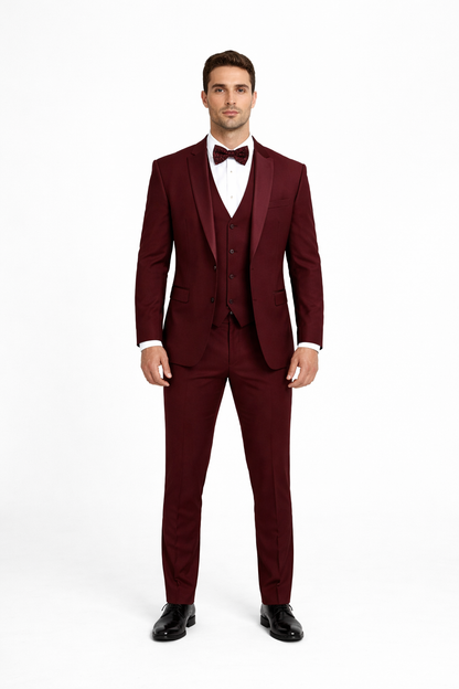 Mens One Button Satin Trim Shawl Tuxedo in Burgundy Wool