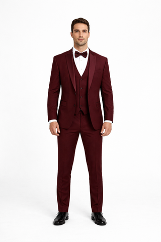 Mens One Button Satin Trim Shawl Tuxedo in Burgundy Wool