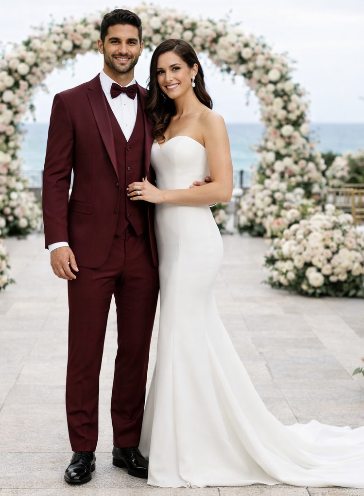 Mens One Button Satin Trim Shawl Tuxedo in Burgundy Wool