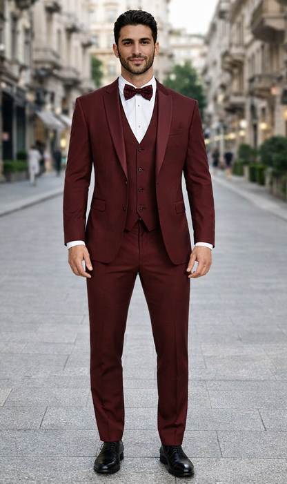 Mens One Button Satin Trim Shawl Tuxedo in Burgundy Wool