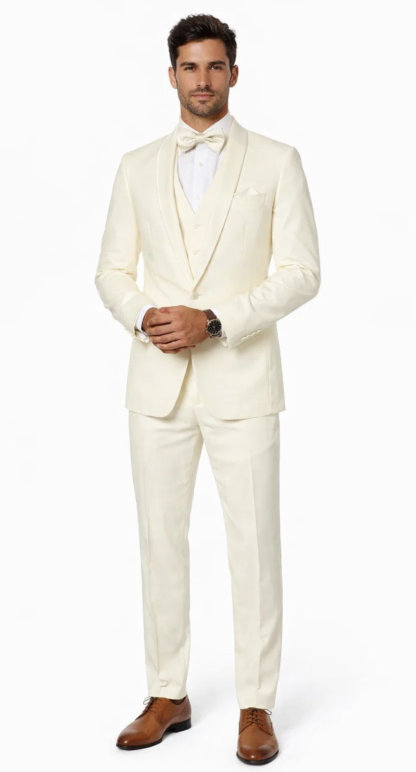 Mens One Button Satin Trim Shawl Tuxedo in Ivory Wool