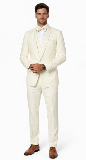 Mens One Button Satin Trim Shawl Tuxedo in Ivory Wool