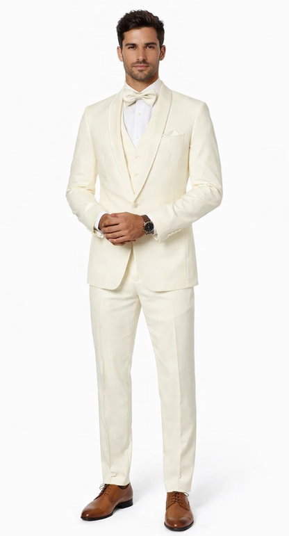 Mens One Button Satin Trim Shawl Tuxedo in Ivory Wool
