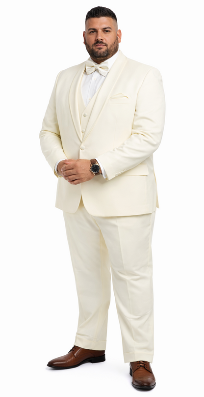 Mens One Button Satin Trim Shawl Tuxedo in Ivory Wool