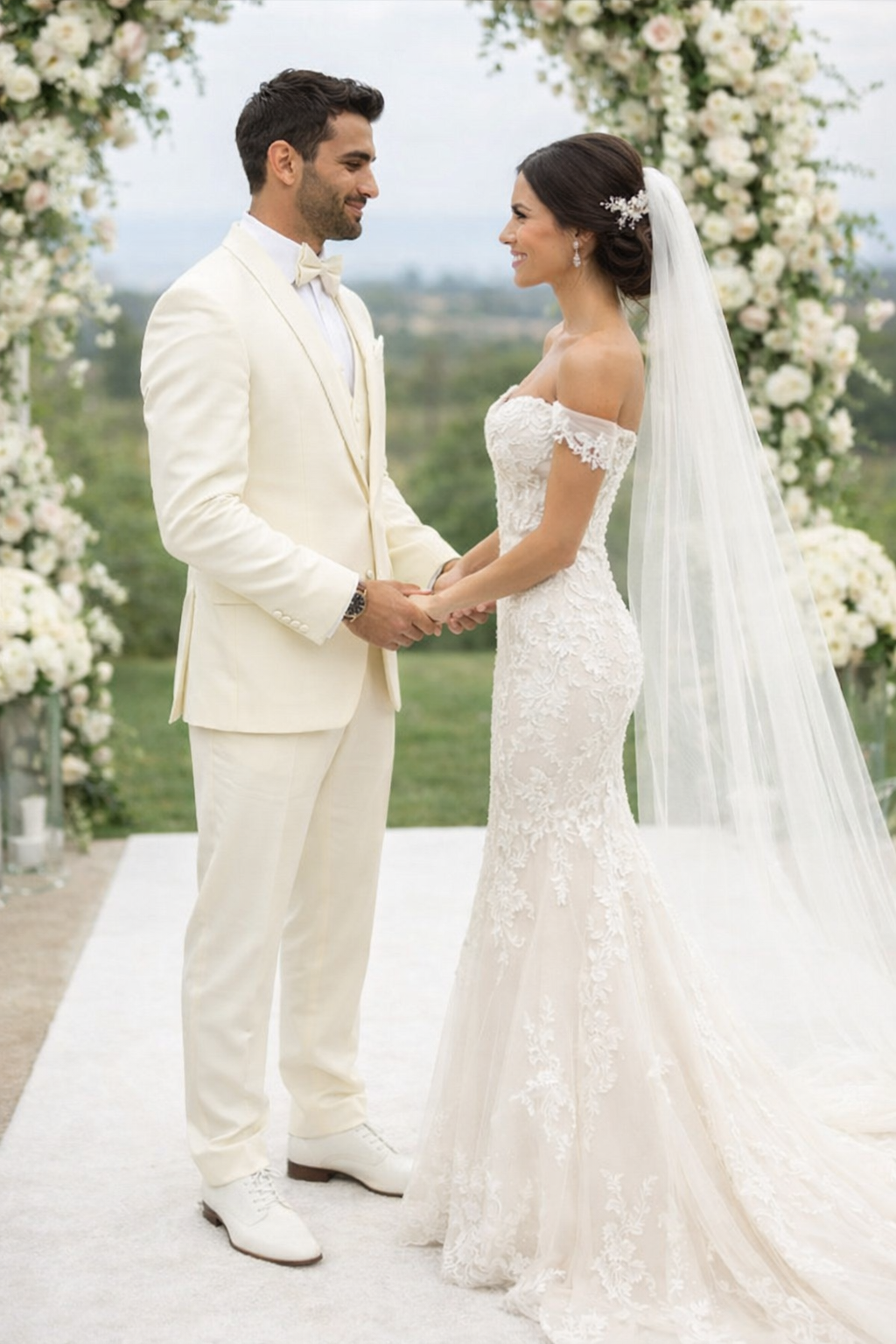 Mens One Button Satin Trim Shawl Tuxedo in Ivory Wool