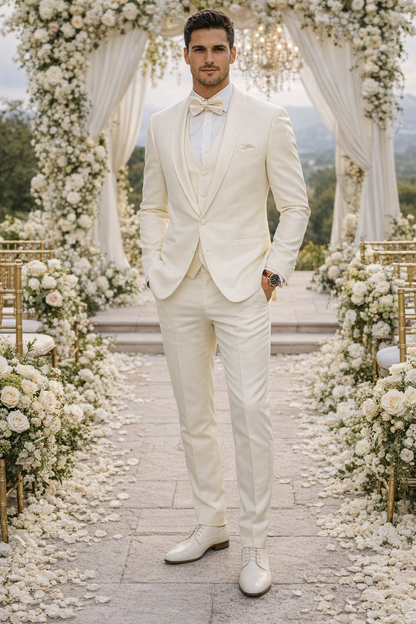 Mens One Button Satin Trim Shawl Tuxedo in Ivory Wool