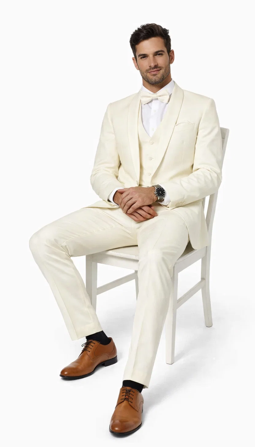 Mens One Button Satin Trim Shawl Tuxedo in Ivory Wool