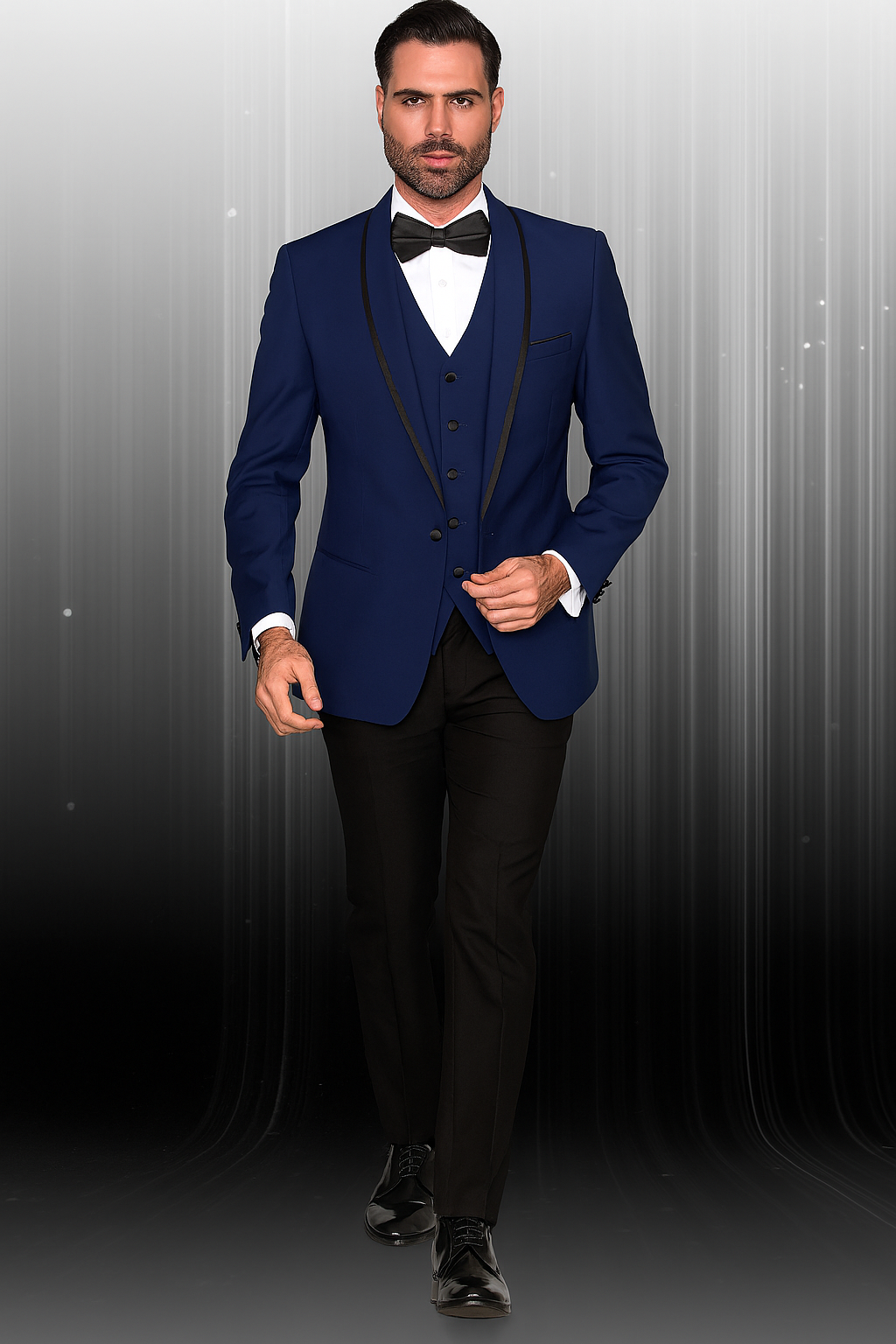 Mens One Button Satin Trim Shawl Tuxedo in Sapphire Blue & Black
