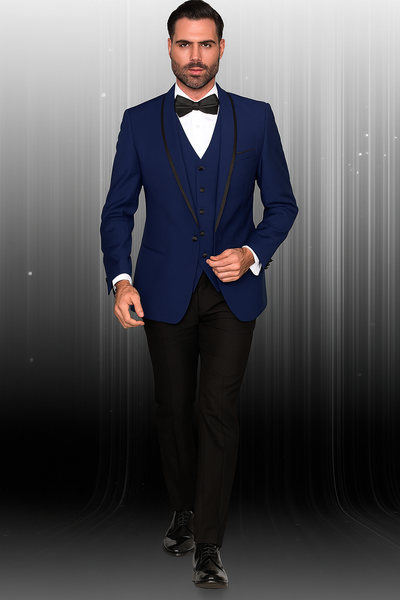 Mens One Button Satin Trim Shawl Tuxedo in Sapphire Blue & Black