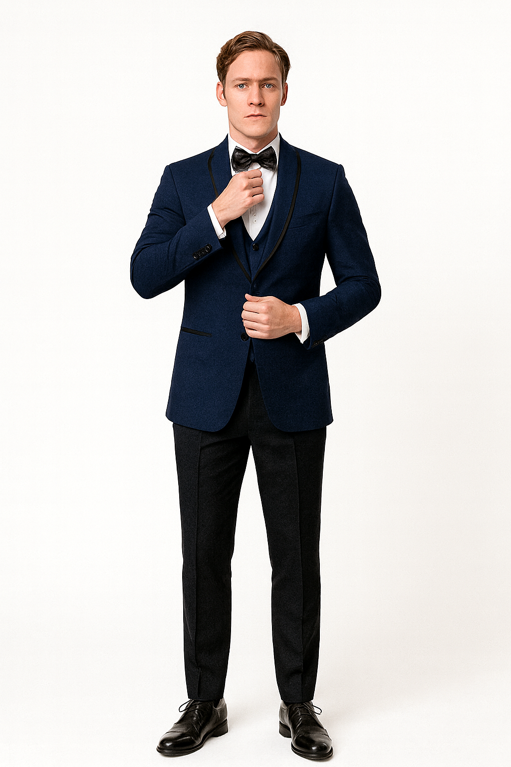 Mens One Button Satin Trim Shawl Tuxedo in Sapphire Blue & Black