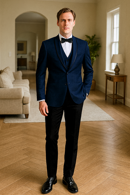 Mens One Button Satin Trim Shawl Tuxedo in Sapphire Blue & Black