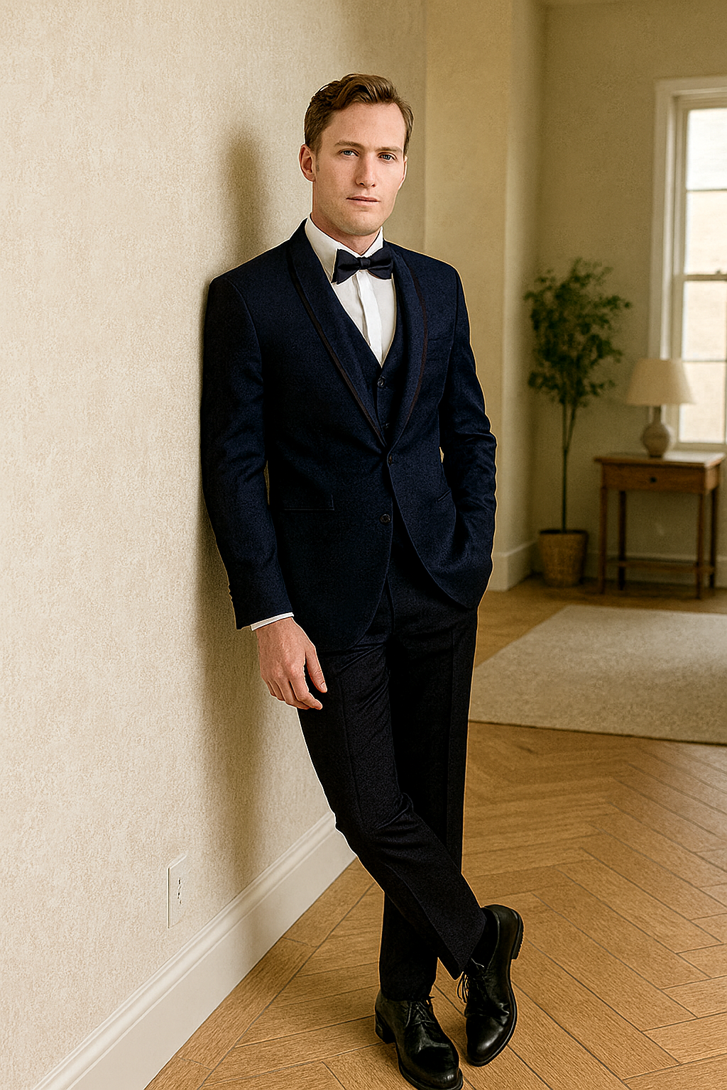 Mens One Button Satin Trim Shawl Tuxedo in Sapphire Blue & Black