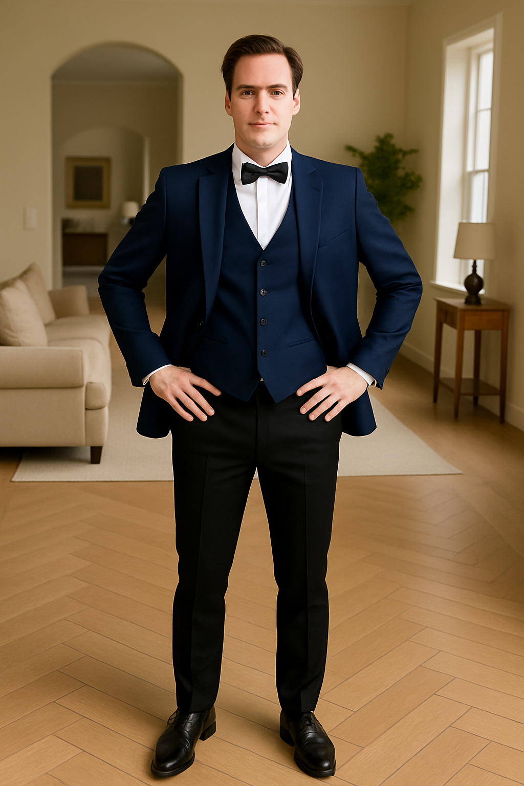 Mens One Button Satin Trim Shawl Tuxedo in Sapphire Blue & Black