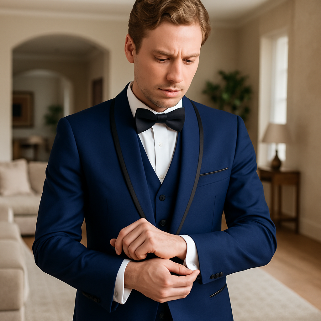 Mens One Button Satin Trim Shawl Tuxedo in Sapphire Blue & Black