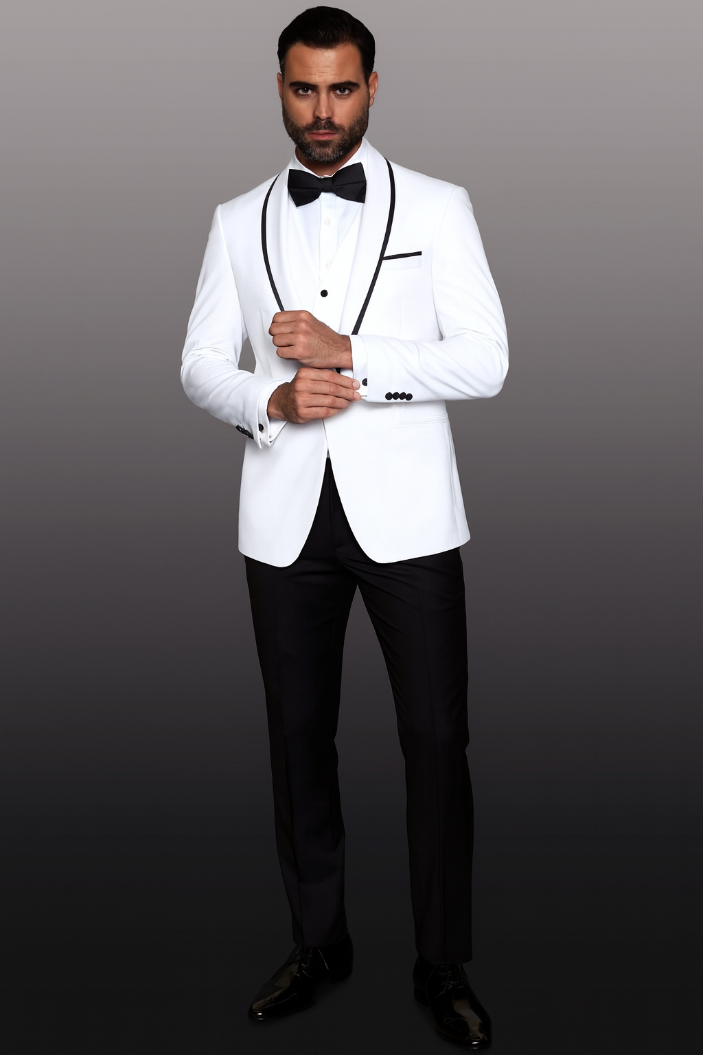 Mens One Button Satin Trim Shawl Tuxedo in White & Black