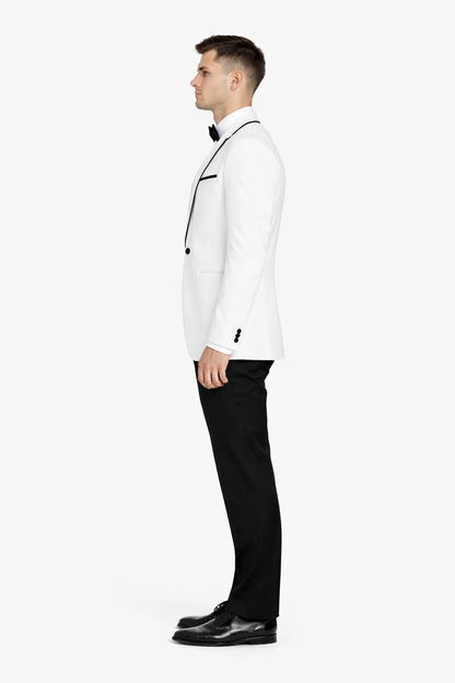 Mens One Button Satin Trim Shawl Tuxedo in White & Black