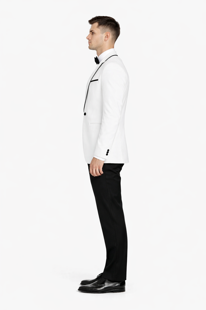 Mens One Button Satin Trim Shawl Tuxedo in White & Black