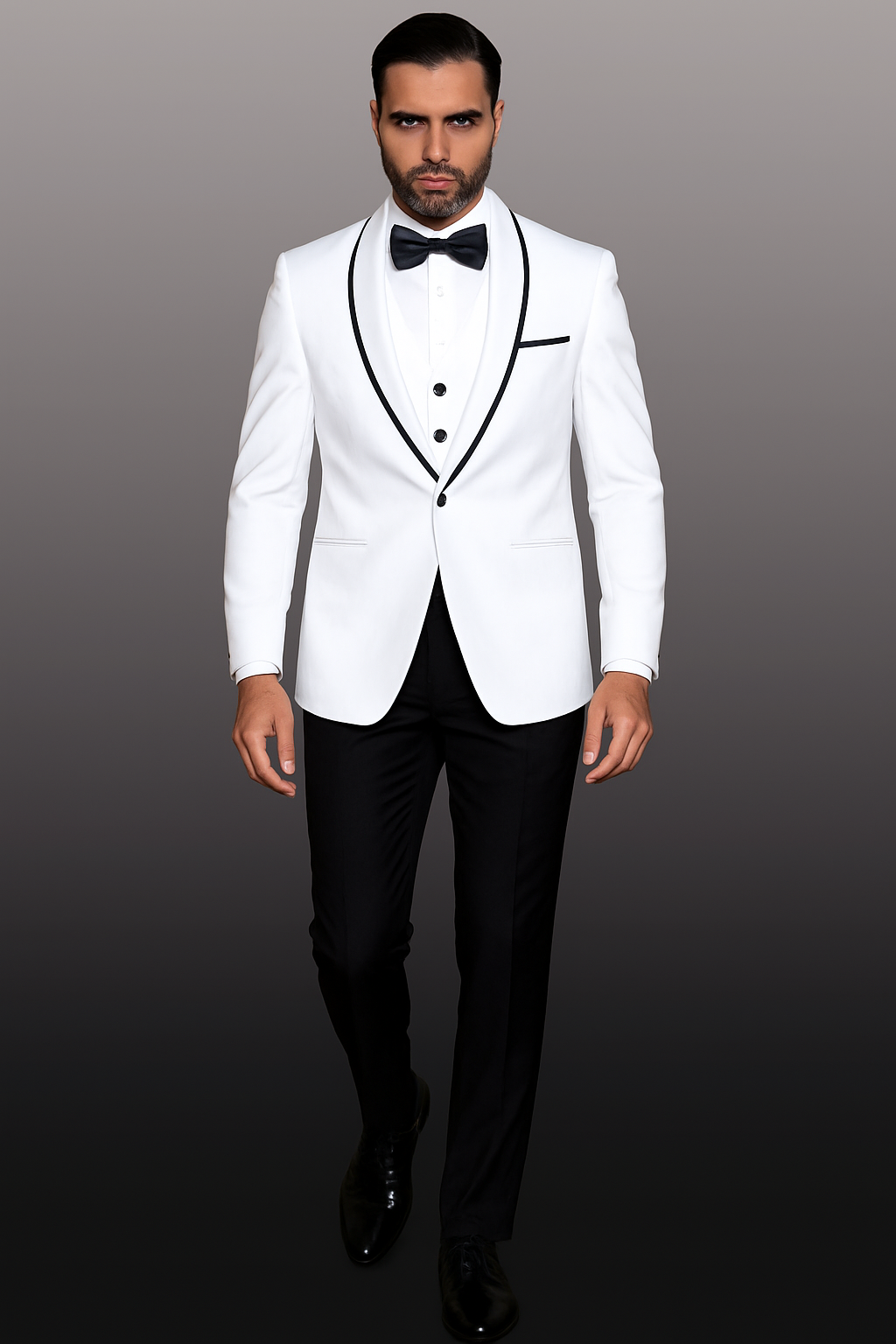 Mens One Button Satin Trim Shawl Tuxedo in White & Black