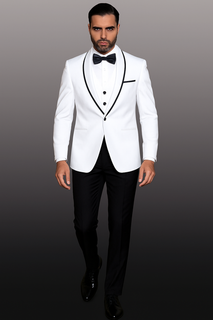Mens One Button Satin Trim Shawl Tuxedo in White & Black