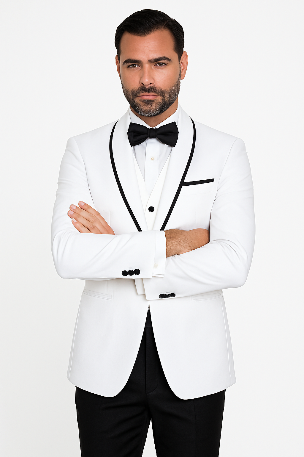 Mens One Button Satin Trim Shawl Tuxedo in White & Black