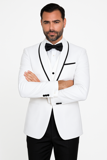 Mens One Button Satin Trim Shawl Tuxedo in White & Black