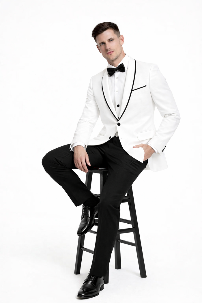 Mens One Button Satin Trim Shawl Tuxedo in White & Black