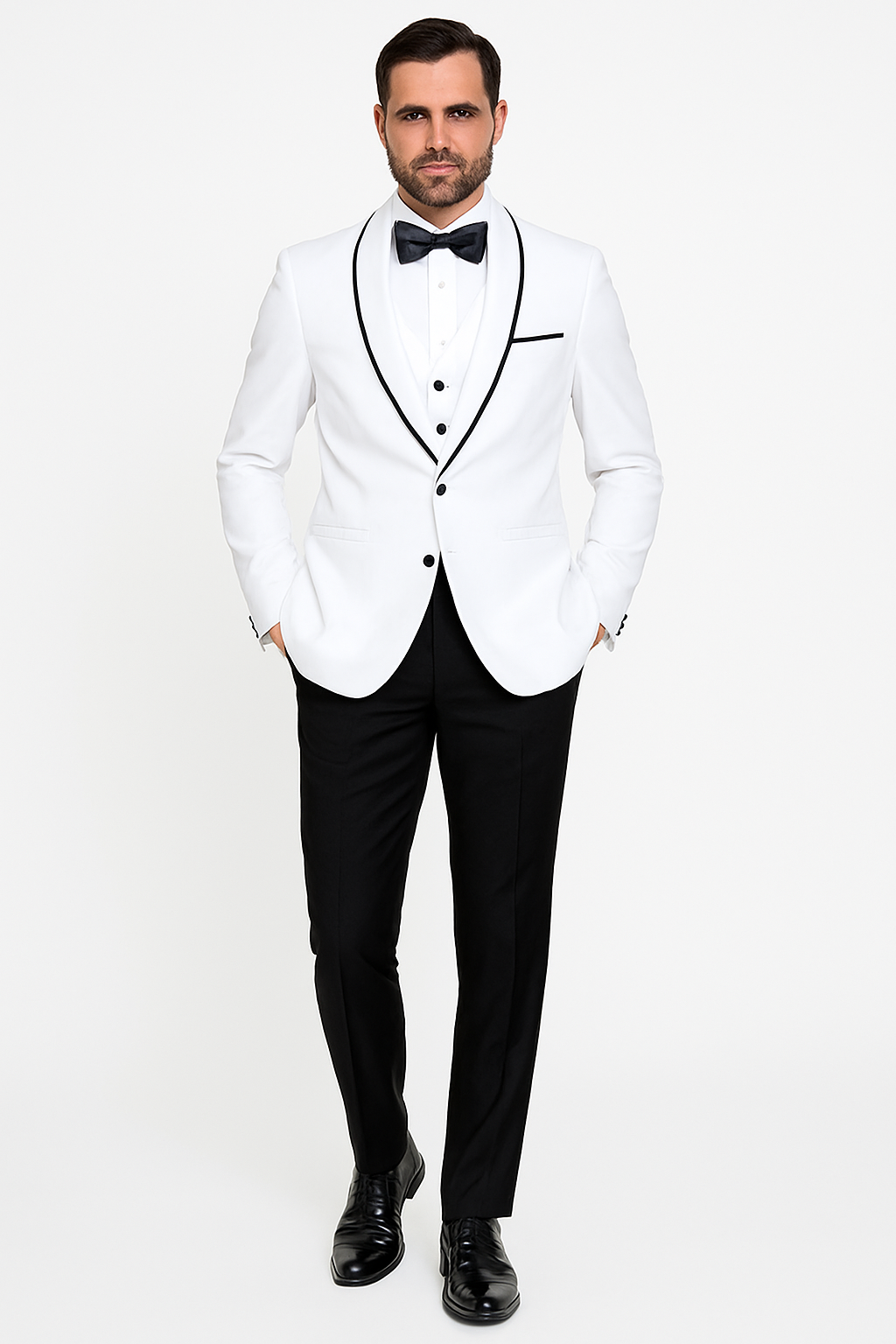 Mens One Button Satin Trim Shawl Tuxedo in White & Black
