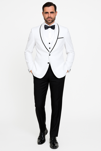 Mens One Button Satin Trim Shawl Tuxedo in White & Black