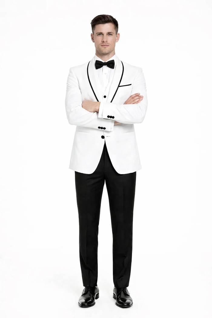Mens One Button Satin Trim Shawl Tuxedo in White & Black