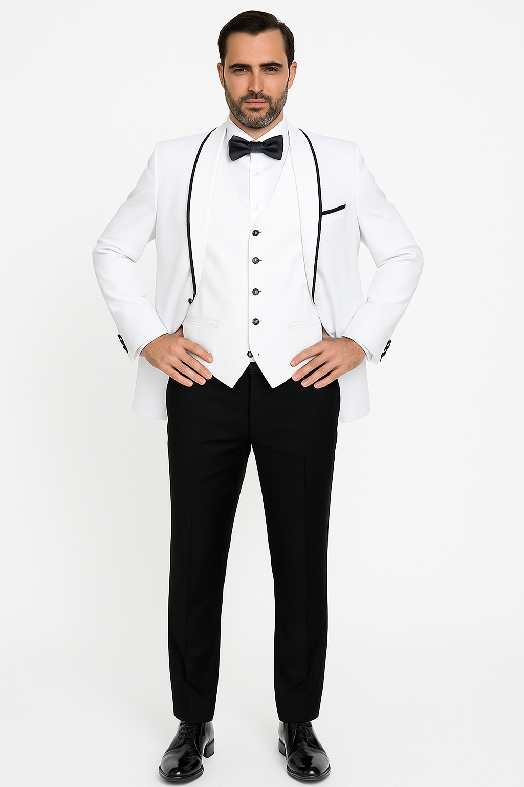 Mens One Button Satin Trim Shawl Tuxedo in White & Black