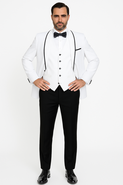 Mens One Button Satin Trim Shawl Tuxedo in White & Black