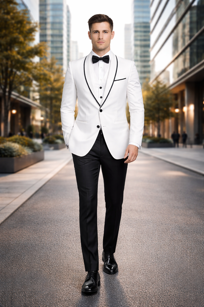 Mens One Button Satin Trim Shawl Tuxedo in White & Black