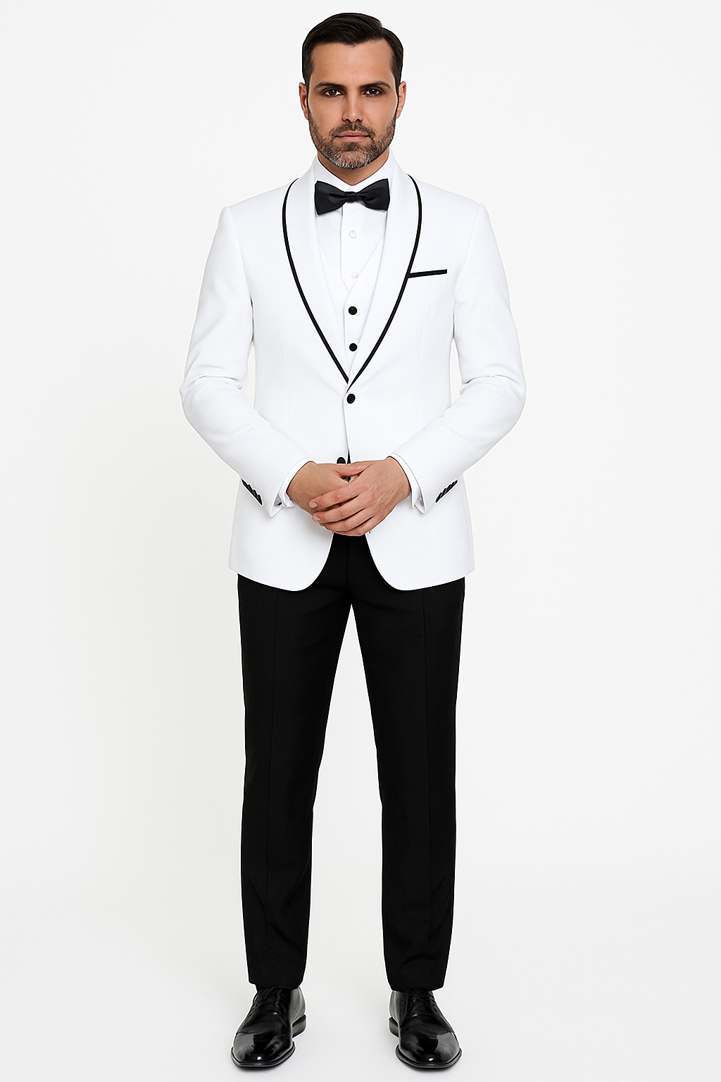 Mens One Button Satin Trim Shawl Tuxedo in White & Black