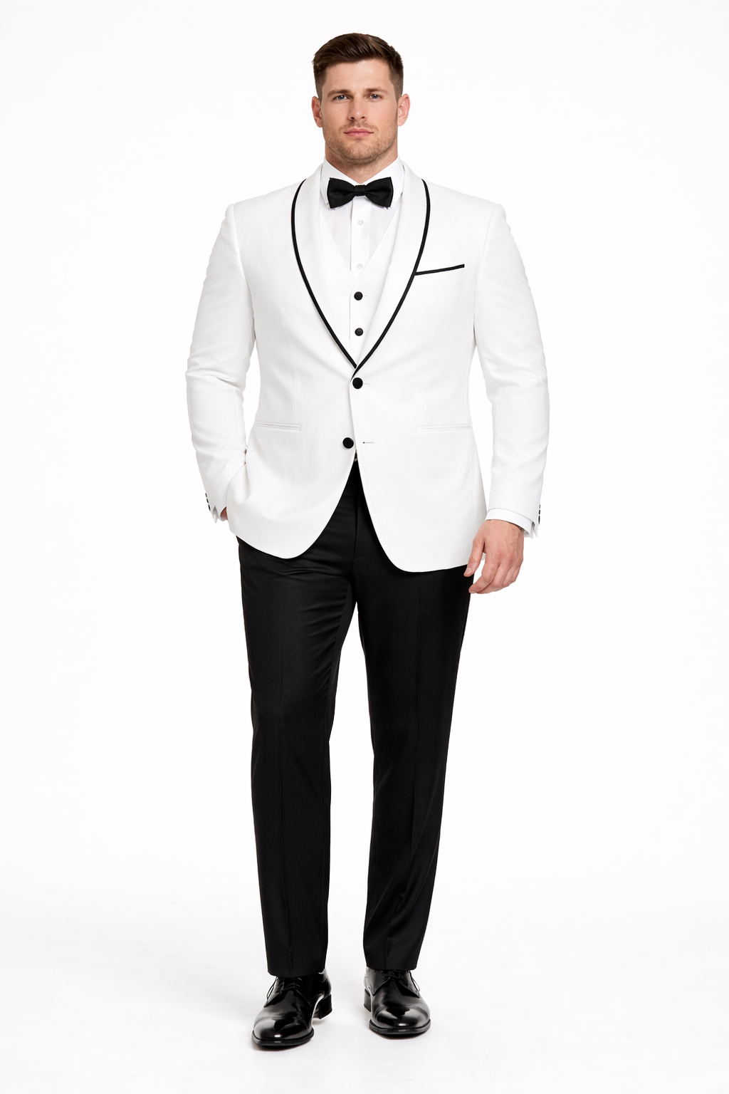 Mens One Button Satin Trim Shawl Tuxedo in White & Black
