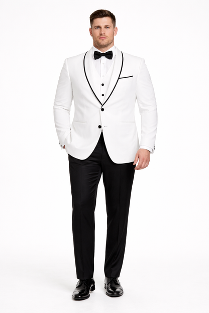 Mens One Button Satin Trim Shawl Tuxedo in White & Black