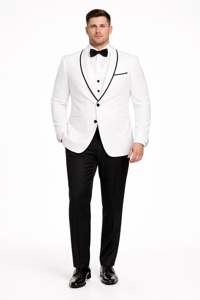 Mens One Button Satin Trim Shawl Tuxedo in White & Black