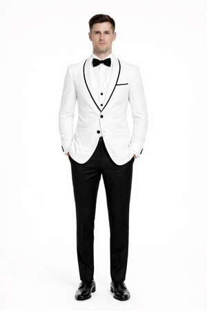 Mens One Button Satin Trim Shawl Tuxedo in White & Black