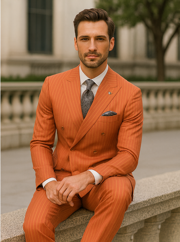 Elegant Orange Pinstripe Suit - Men's Business & Wedding Wear