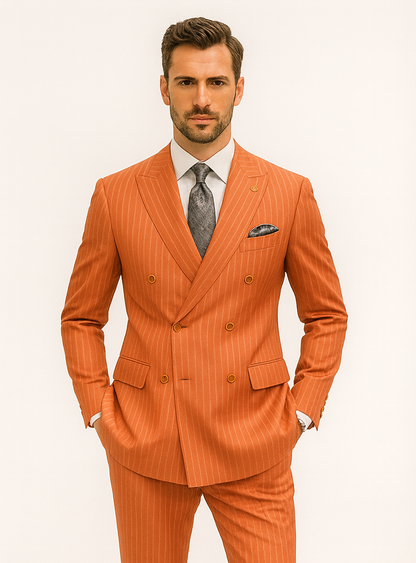 Elegant Orange Pinstripe Suit  Mens Business & Wedding Wear