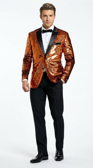 Mens Orange Sequin Blazer Tuxedo Dinner Jacket – Shiny Party Dinner Jacket with Black Lapel for Wedding, Prom, Stage Kingsman Jacket