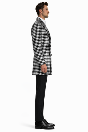 Mens Overcoat - Topcoat For Men - Winter Fabric - Houndstooth Overcoat - Houndstooth Topcoat - Houndstooth Single Breasted Checker Car Coat