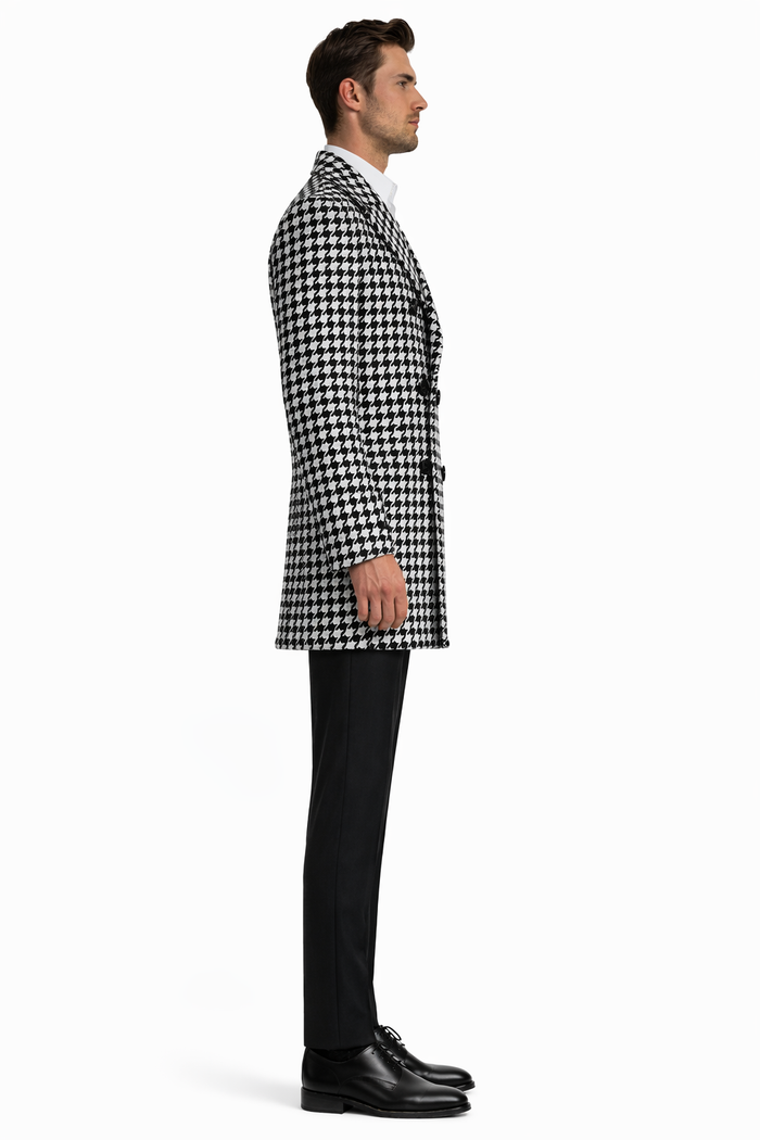 Mens Overcoat - Topcoat For Men - Winter Fabric - Houndstooth Overcoat - Houndstooth Topcoat - Houndstooth Single Breasted Checker Car Coat