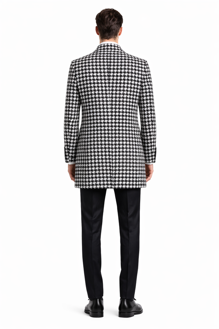 Mens Overcoat - Topcoat For Men - Winter Fabric - Houndstooth Overcoat - Houndstooth Topcoat - Houndstooth Single Breasted Checker Car Coat