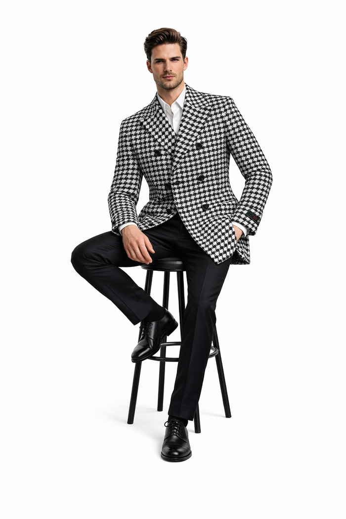 Mens Overcoat - Topcoat For Men - Winter Fabric - Houndstooth Overcoat - Houndstooth Topcoat - Houndstooth Single Breasted Checker Car Coat