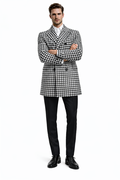 Mens Overcoat - Topcoat For Men - Winter Fabric - Houndstooth Overcoat - Houndstooth Topcoat - Houndstooth Single Breasted Checker Car Coat